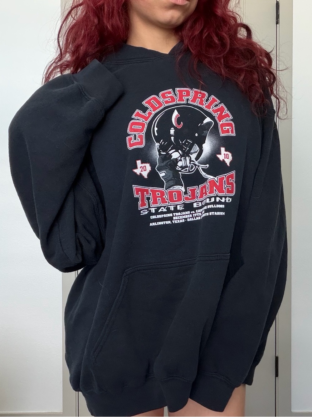 Gildan Black Crewneck Sweatshirt with Red & White Coldspring Trojans Graphic